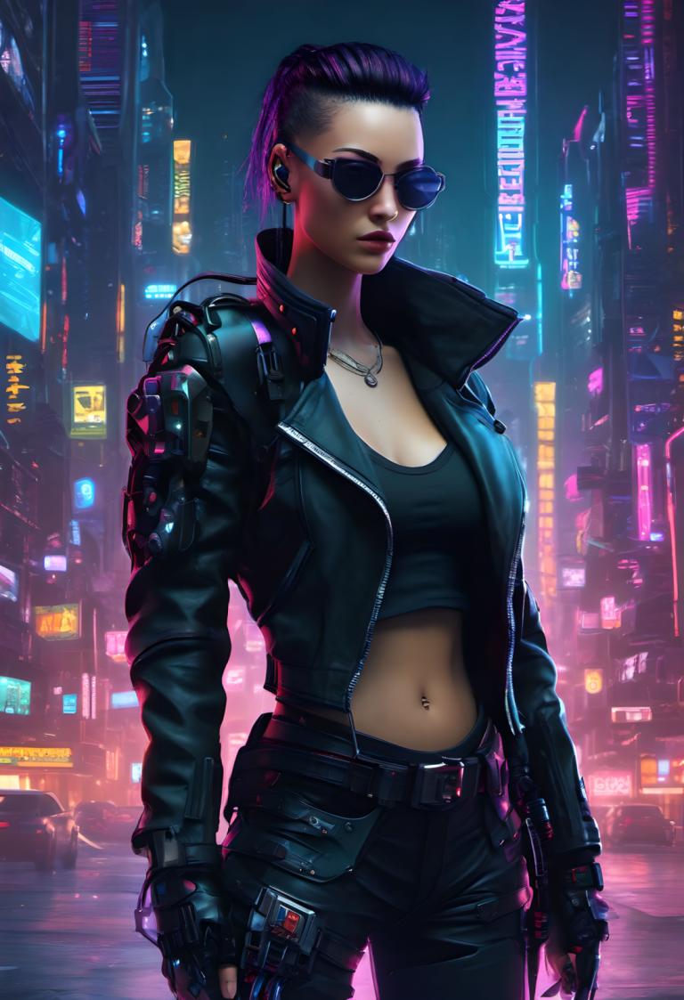 Cyberpunk,Cyberpunk, People, woman, 1girl, cyberpunk, neon lights, breasts, navel, jewelry, sunglasses