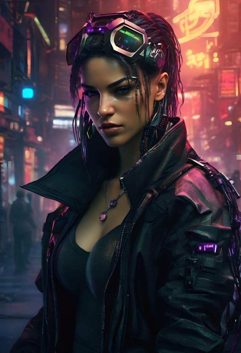 Cyberpunk,Cyberpunk, People, woman, 1girl, jewelry, breasts, jacket, neon lights, necklace, goggles on head