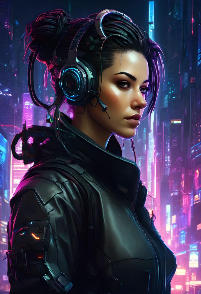 Cyberpunk,Cyberpunk, People, woman, 1girl, solo, cyberpunk, hair bun, realistic, single hair bun, headphones