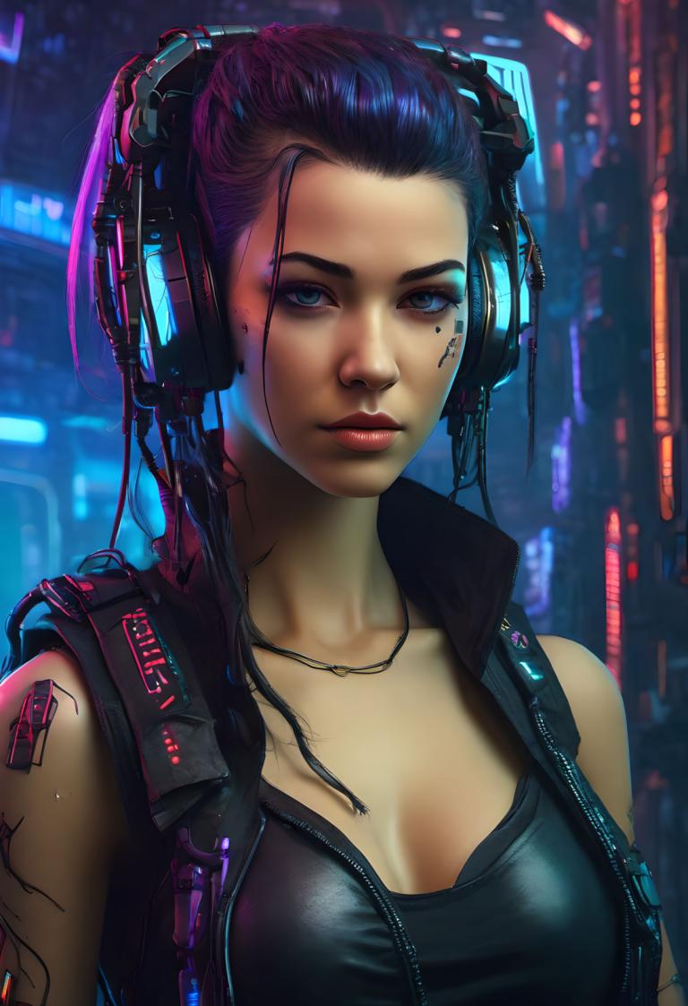 Cyberpunk,Cyberpunk, Mensen, vrouw, 1meisje, solo, borsten, cyberpunk, inkijk, tatoeëren, kijken naar kijker