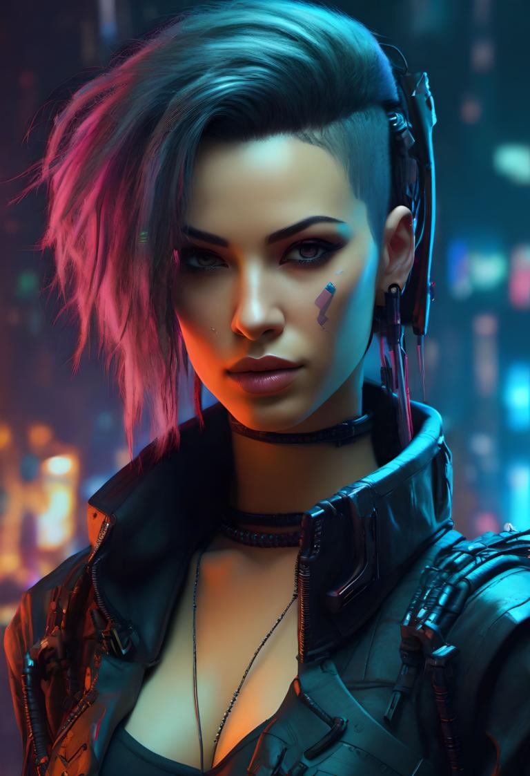 Cyberpunk,Cyberpunk, People, woman, 1girl, solo, jewelry, jacket, cyberpunk, breasts, pink hair