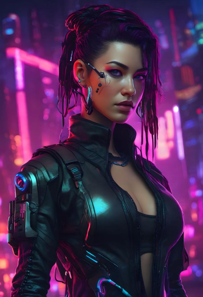 Cyberpunk,Cyberpunk, människor, kvinna, 1 tjej, solo, bröst, cyberpunk, örhängen, Smycken, neonljus, klyvning