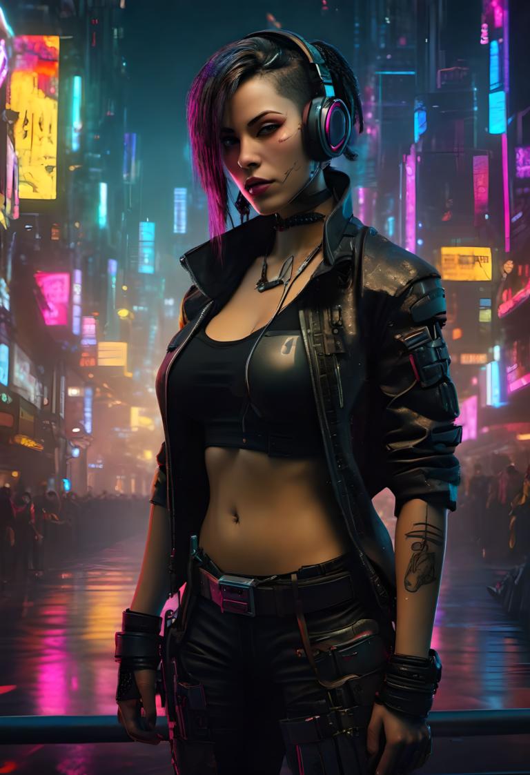 Cyberpunk,Cyberpunk, Lidé, žena, 1 dívka, kyberpunk, sólo, prsa, neonová světla, pupek, tetování, šperky