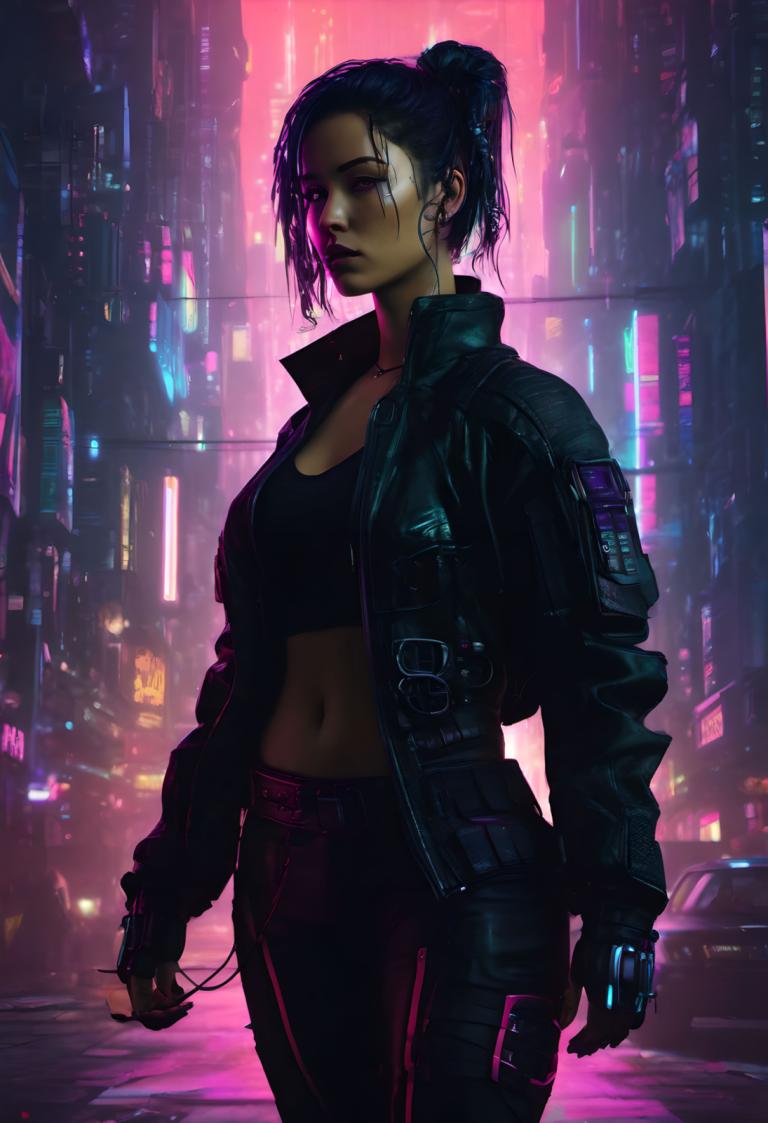 Cyberpunk,Cyberpunk, People, woman, 1girl, solo, neon lights, cyberpunk, jacket, navel, open clothes