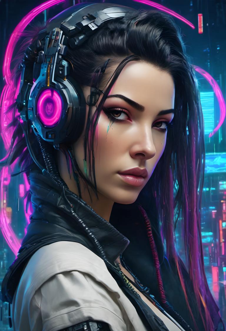 Cyberpunk,Cyberpunk, människor, kvinna, 1 tjej, solo, svart hår, cyberpunk, hörlurar, realistisk, långt hår