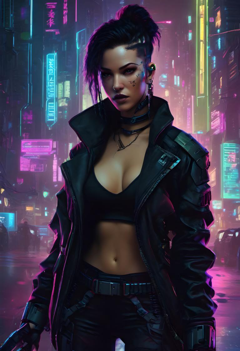 Cyberpunk,Cyberpunk, People, woman, cyberpunk, 1girl, neon lights, breasts, navel, cleavage, jewelry, pants