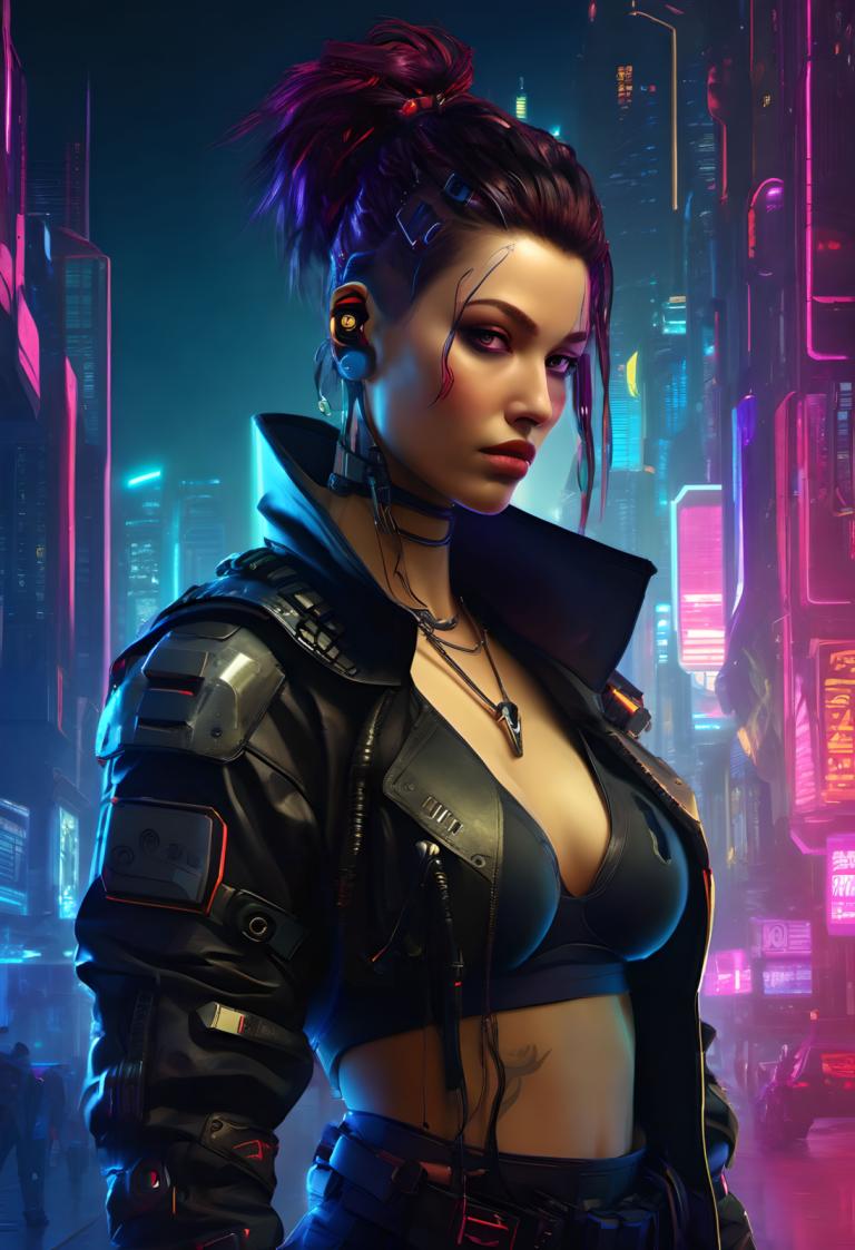 Cyberpunk,Cyberpunk, People, woman, 1girl, cyberpunk, breasts, solo, jewelry, cleavage, necklace, ponytail