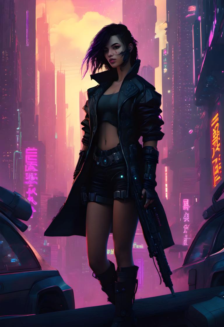 Cyberpunk,Cyberpunk, People, woman, 1girl, cyberpunk, weapon, gun, solo, holding weapon, boots, gloves, navel