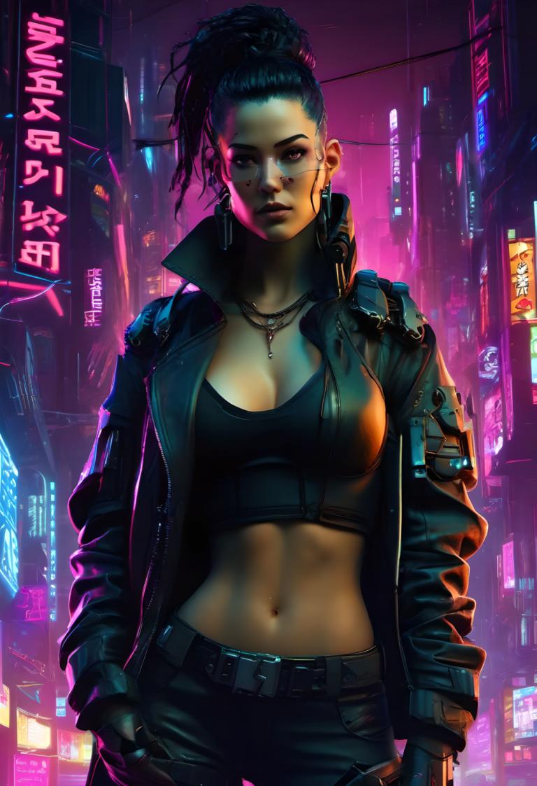 Cyberpunk,Cyberpunk, människor, kvinna, 1 tjej, neonljus, cyberpunk, bröst, solo, Smycken, navel, jacka