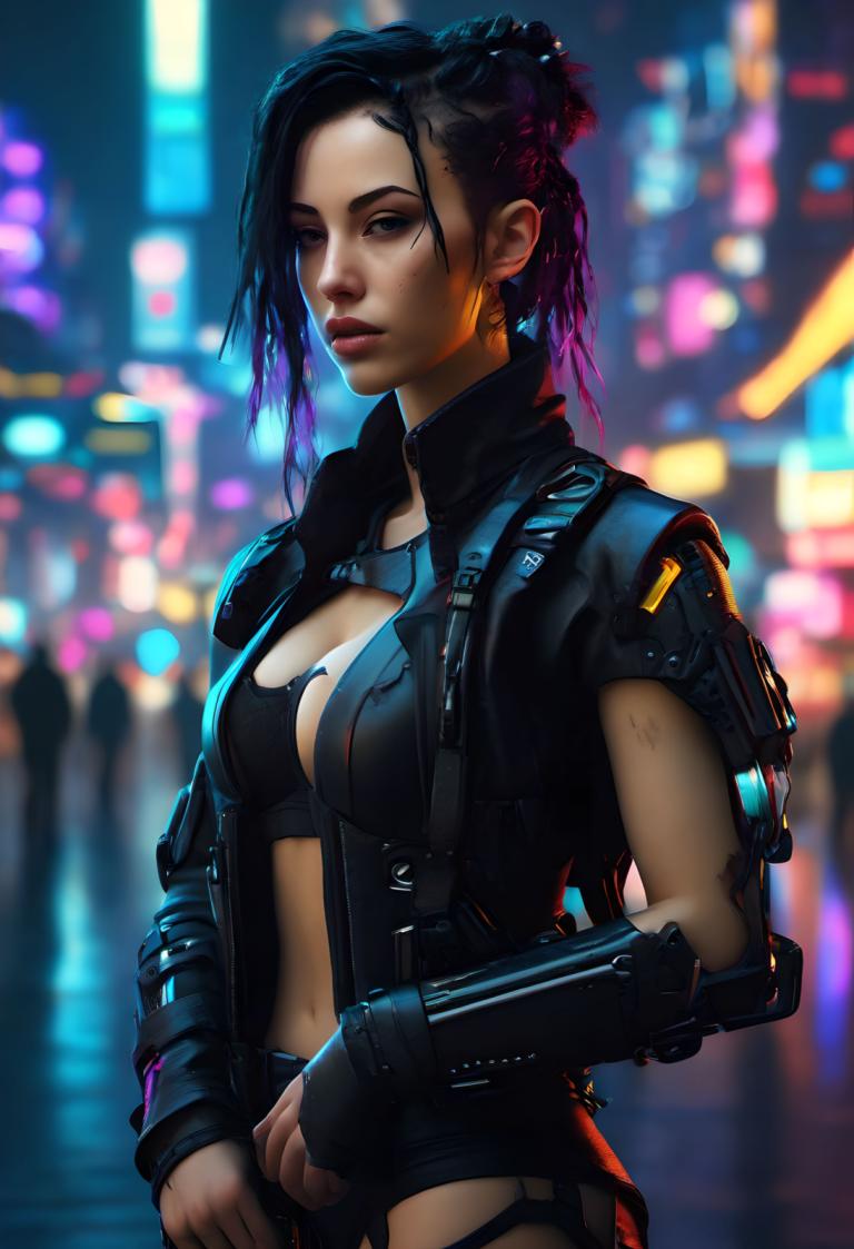 Cyberpunk,Cyberpunk, People, woman, 1girl, breasts, blurry background, blurry, black hair, cleavage, earrings