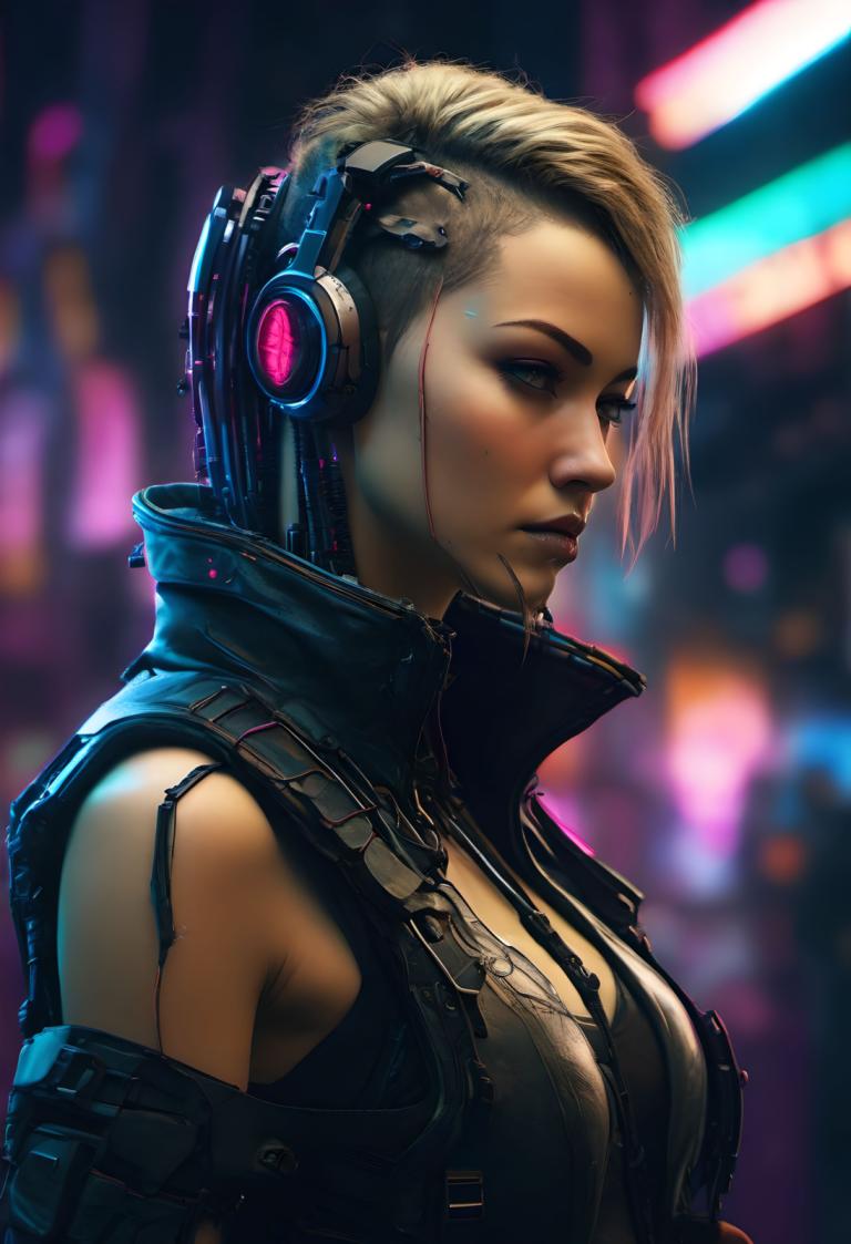 Cyberpunk,Cyberpunk, Mennesker, kvinde, 1 pige, solo, blond hår, cyberpunk, kort hår, realistisk, cyborg