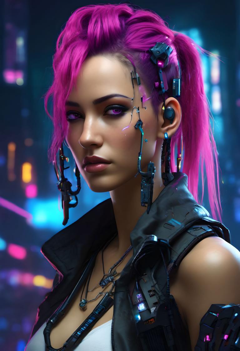 Cyberpunk,Cyberpunk, Ljudje, ženska, 1 dekle, solo, roza lasje, nakit, ogrlica, zamegljeno ozadje, zamegljen