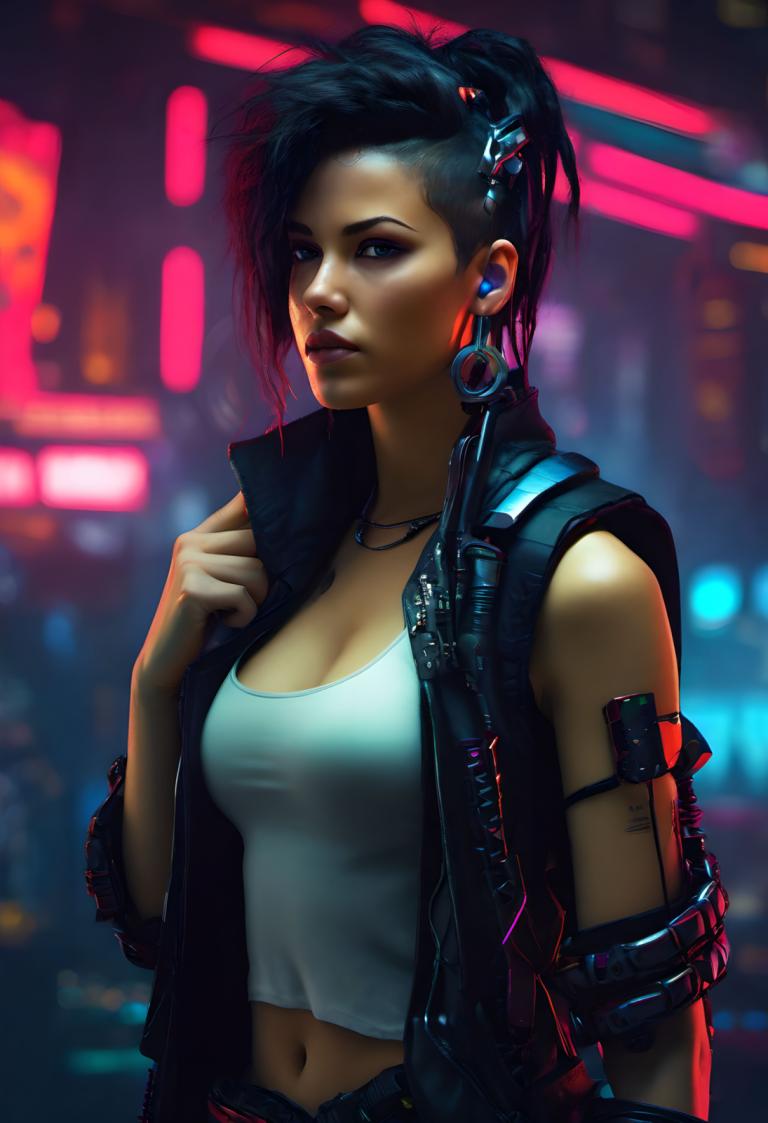 Cyberpunk,Cyberpunk, Oameni, femeie, 1 fata, solo, sanii, clivaj, cyberpunk, buric, realist, Bijuterii