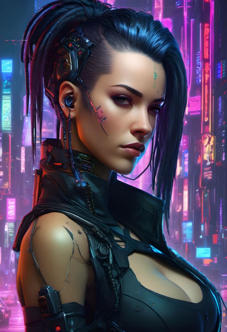 Cyberpunk,Cyberpunk, People, woman, 1girl, breasts, cyberpunk, solo, cleavage, black hair, looking at viewer