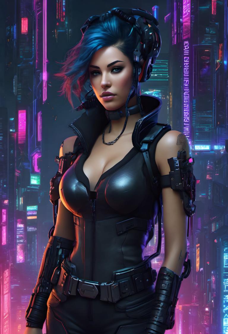 Cyberpunk,Cyberpunk, Oameni, femeie, 1 fata, cyberpunk, sanii, solo, clivaj, păr albastru, centura, realist