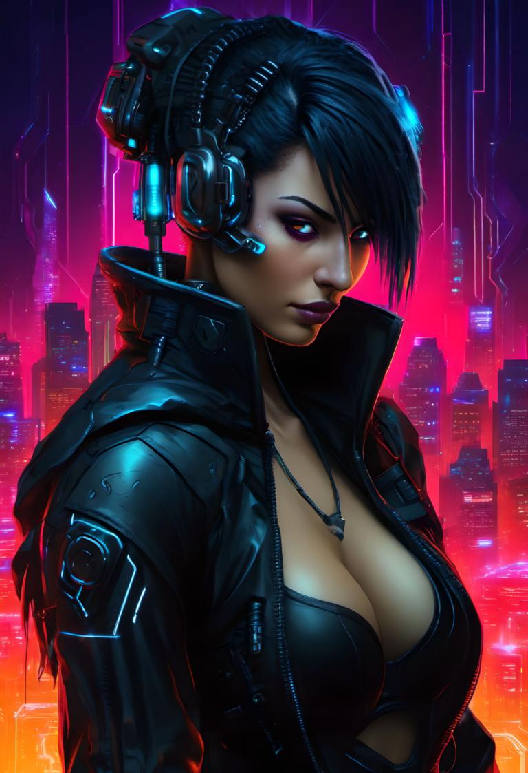 Cyberpunk,Cyberpunk, Oameni, femeie, 1 fata, sanii, solo, Bijuterii, cyberpunk, clivaj, colier, brunet, sacou