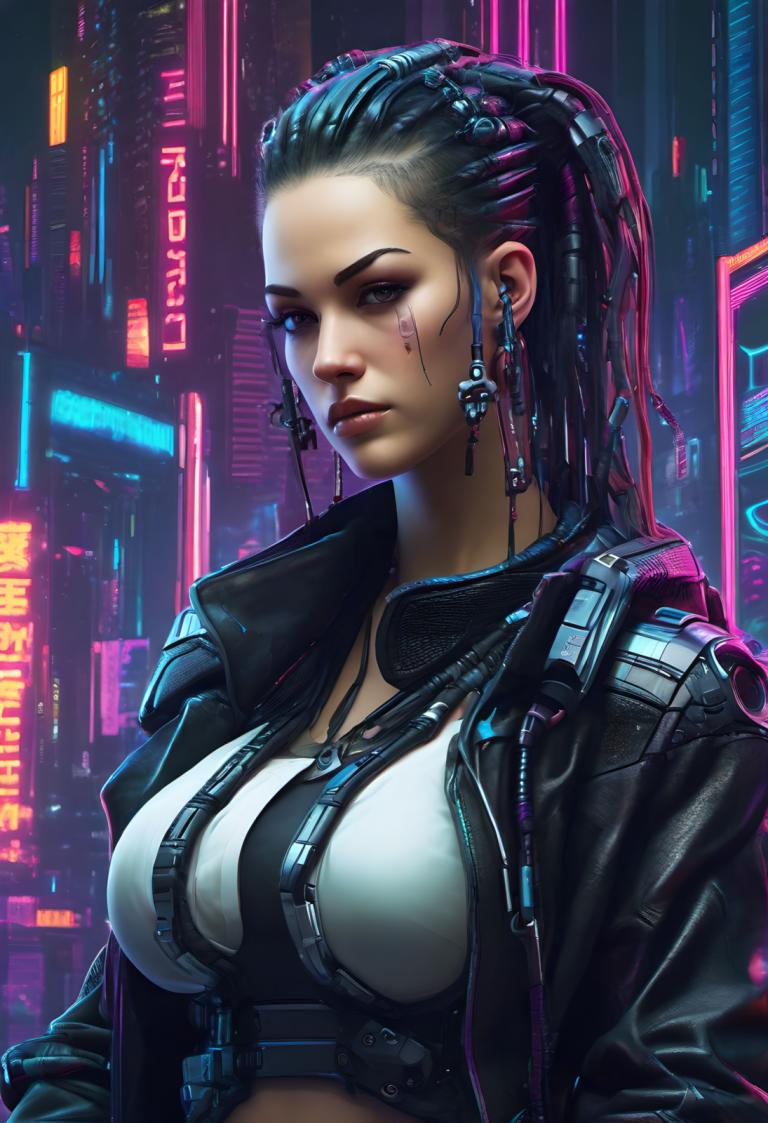 Cyberpunk,Cyberpunk, Mennesker, kvinde, 1 pige, solo, bryster, jakke, smykker, øreringe, sort hår, cyberpunk