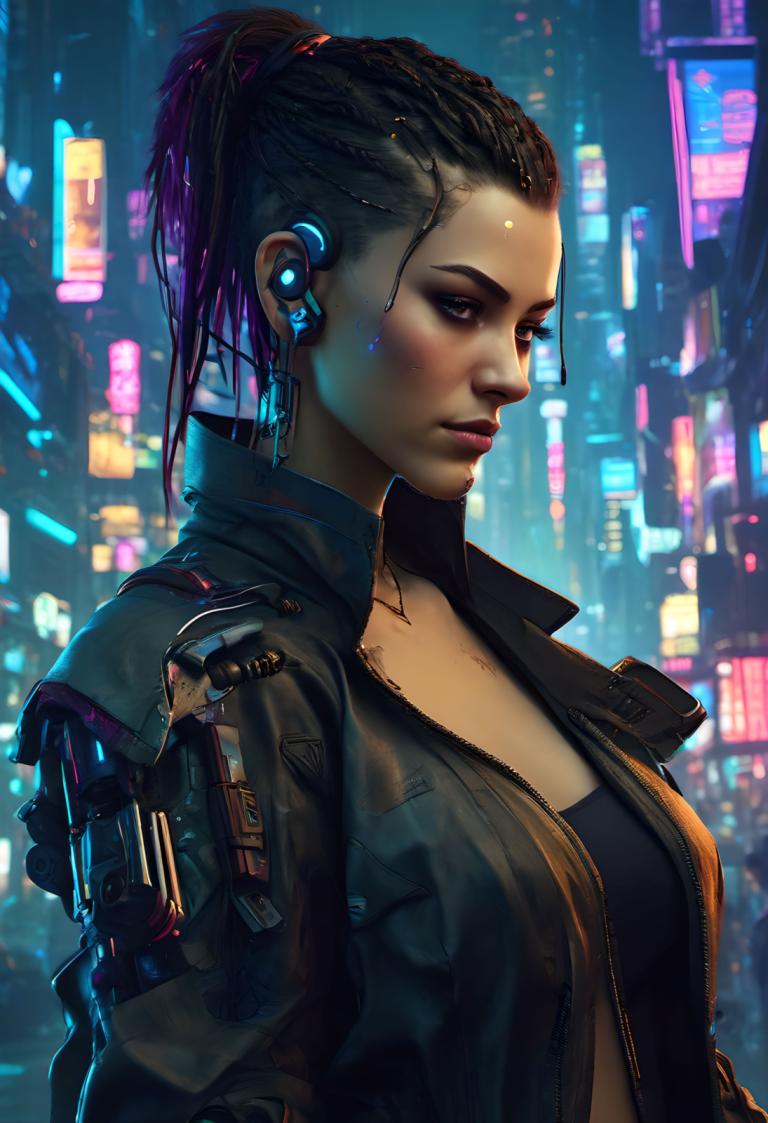 Cyberpunk,Cyberpunk, Oameni, femeie, 1 fata, solo, cyberpunk, sacou, realist, coadă de cal, nas, brunet, buze