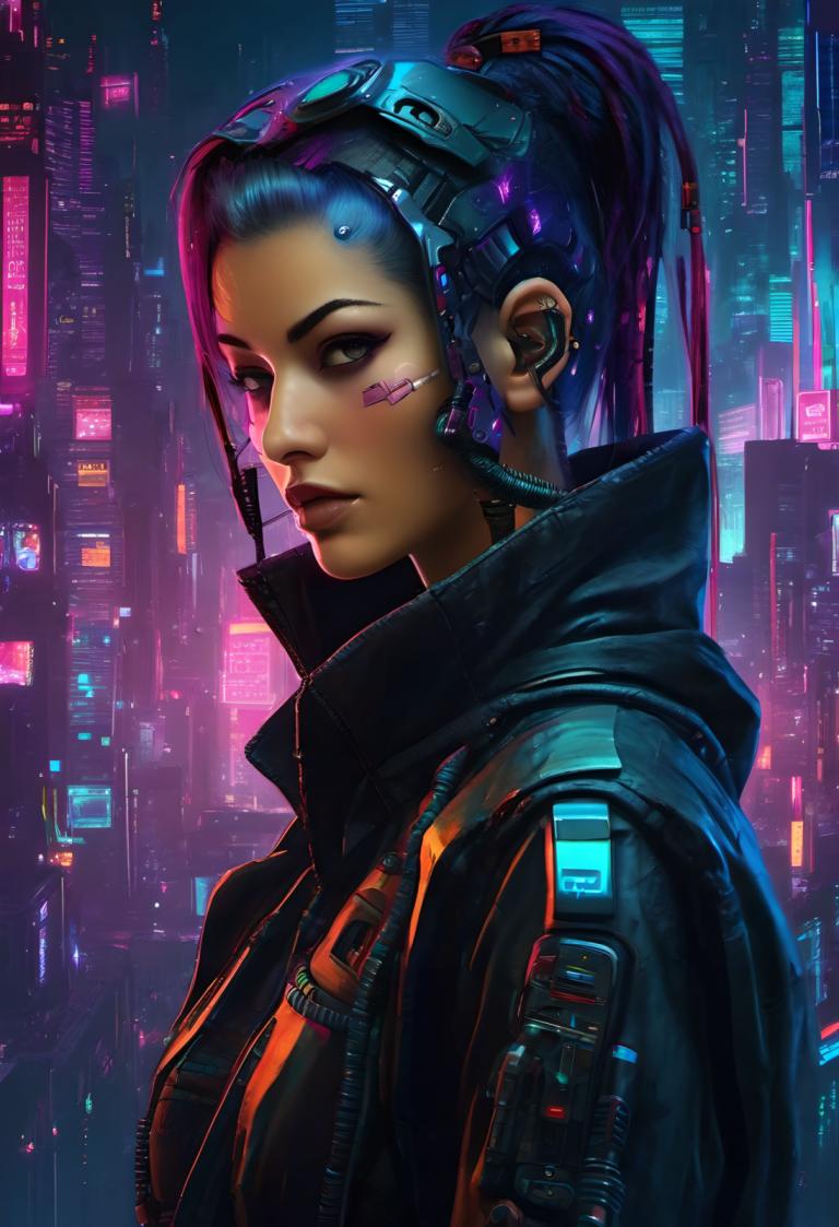 Cyberpunk,Cyberpunk, Oameni, femeie, 1 fata, cyberpunk, solo, coadă de cal, realist, păr violet, sacou, nas