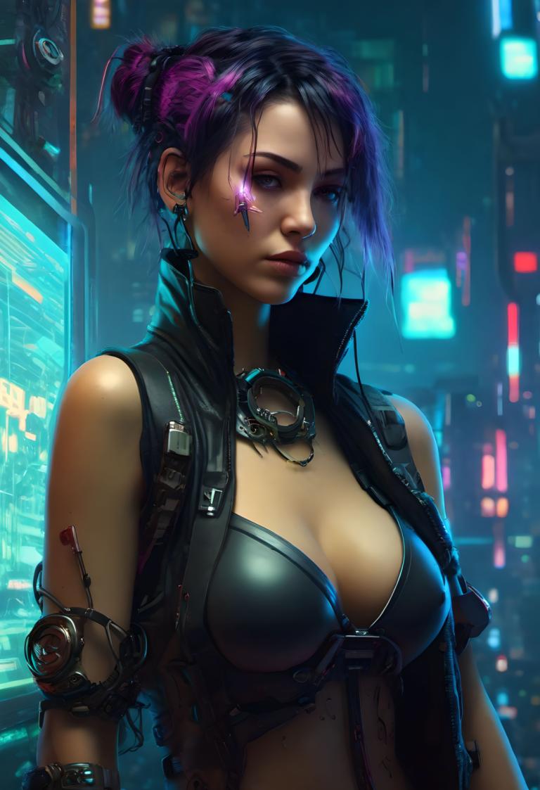 Cyberpunk,Cyberpunk, Oameni, femeie, 1 fata, cyberpunk, solo, sanii, realist, păr violet, clivaj, Bijuterii