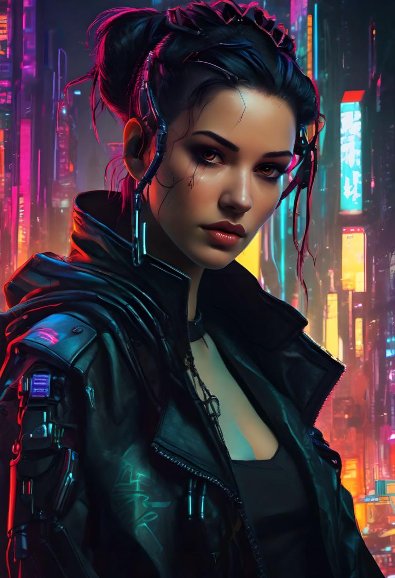 Cyberpunk,Cyberpunk, Ljudje, ženska, 1 dekle, cyberpunk, solo, jakna, figa za lase, Črni lasje, prsi