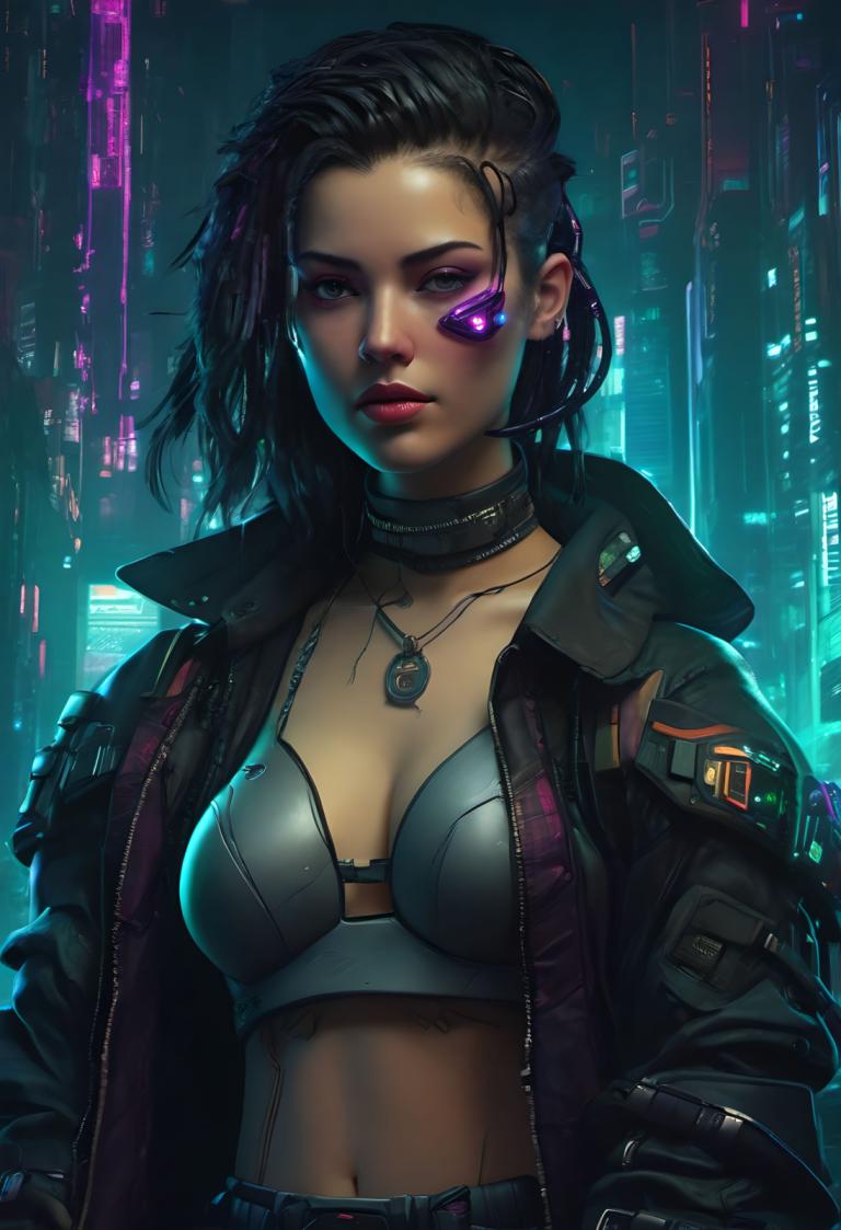 Cyberpunk,Cyberpunk, Mensen, vrouw, 1meisje, cyberpunk, solo, borsten, jasje, zwart haar, realistisch, navel