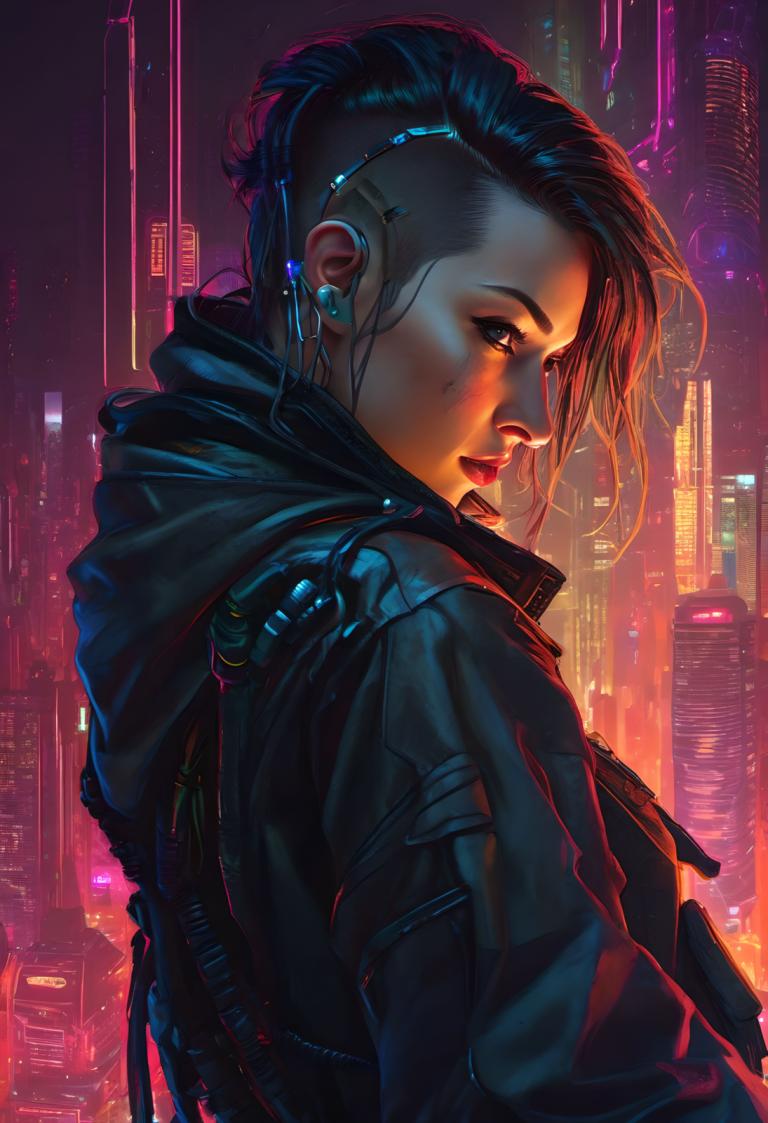 Cyberpunk,Cyberpunk, Persone, donna, 1 ragazza, assolo, cappuccio, capelli neri, giacca, cyberpunk