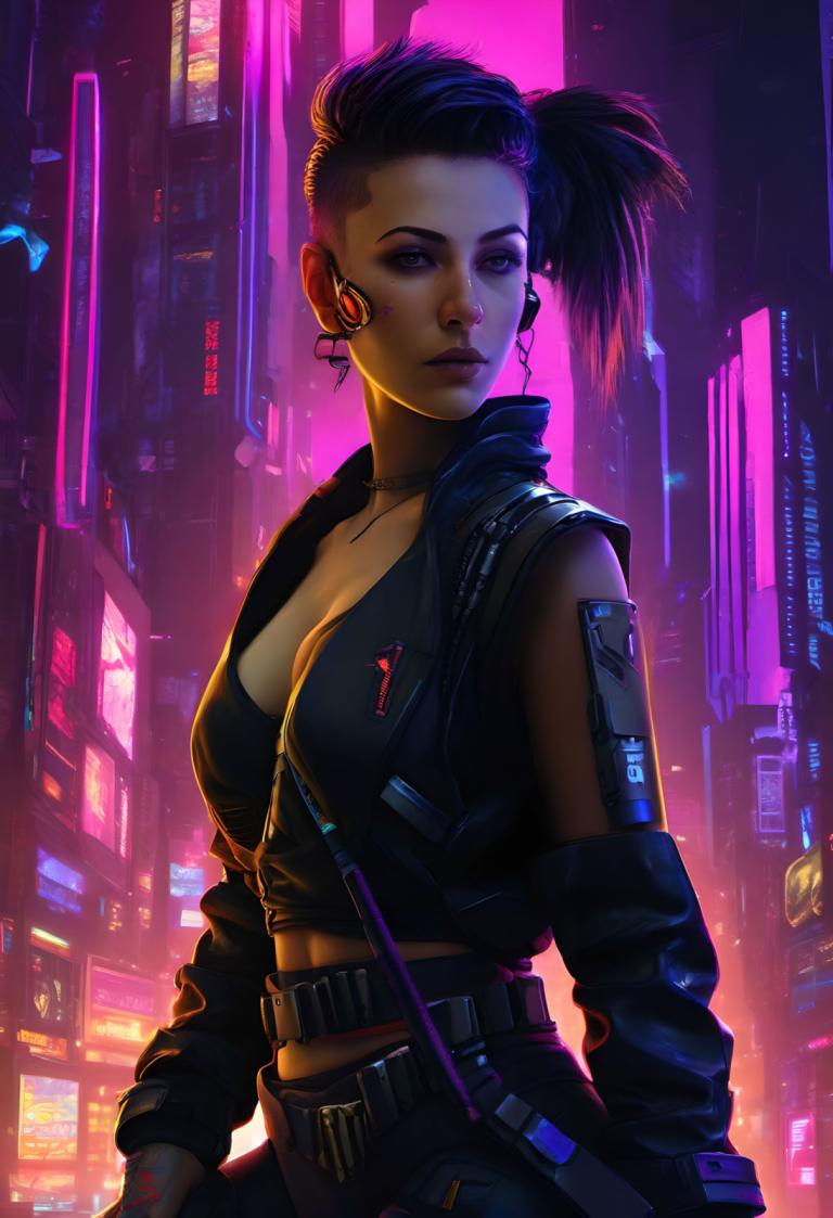 Cyberpunk,Cyberpunk, människor, kvinna, 1 tjej, solo, bröst, cyberpunk, klyvning, neonljus, mörk hud