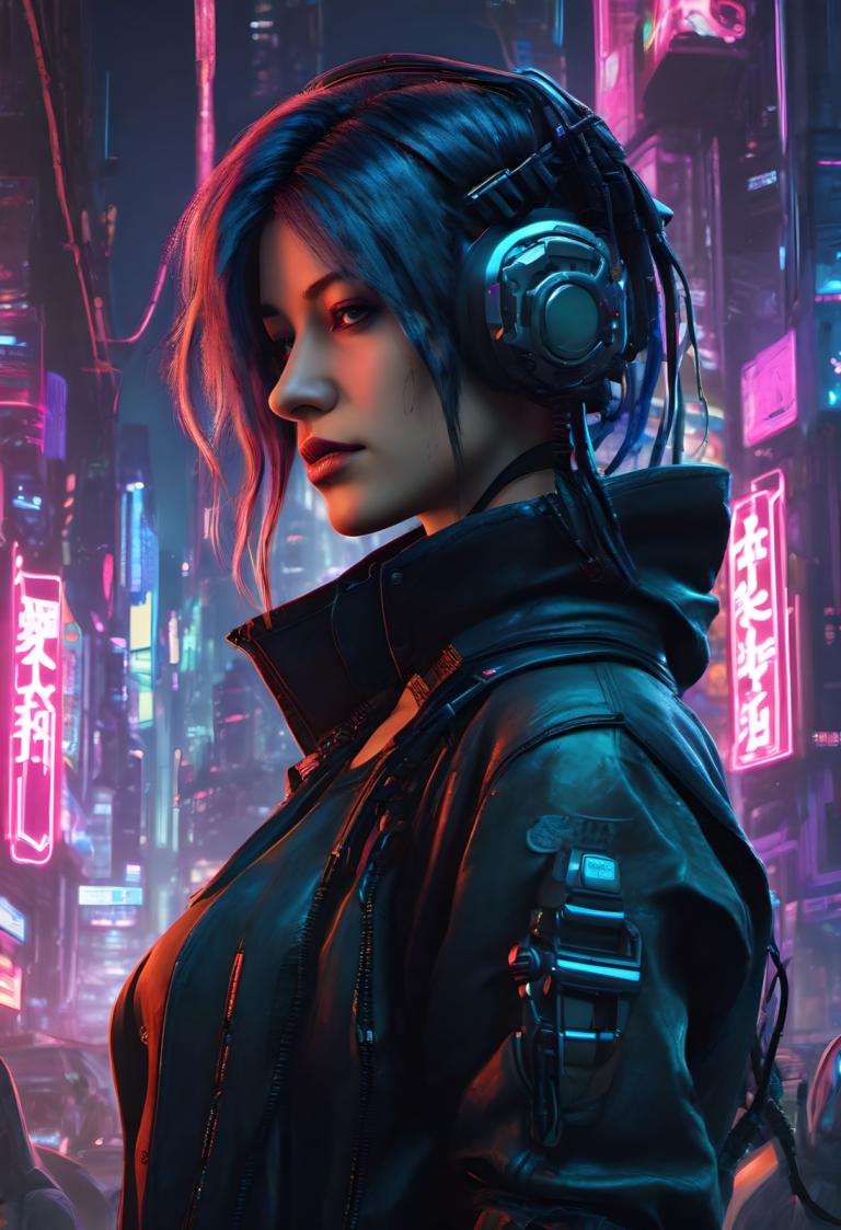 Cyberpunk,Cyberpunk, Persone, donna, 1 ragazza, luci al neon, cyberpunk, giacca, cuffie, assolo, città