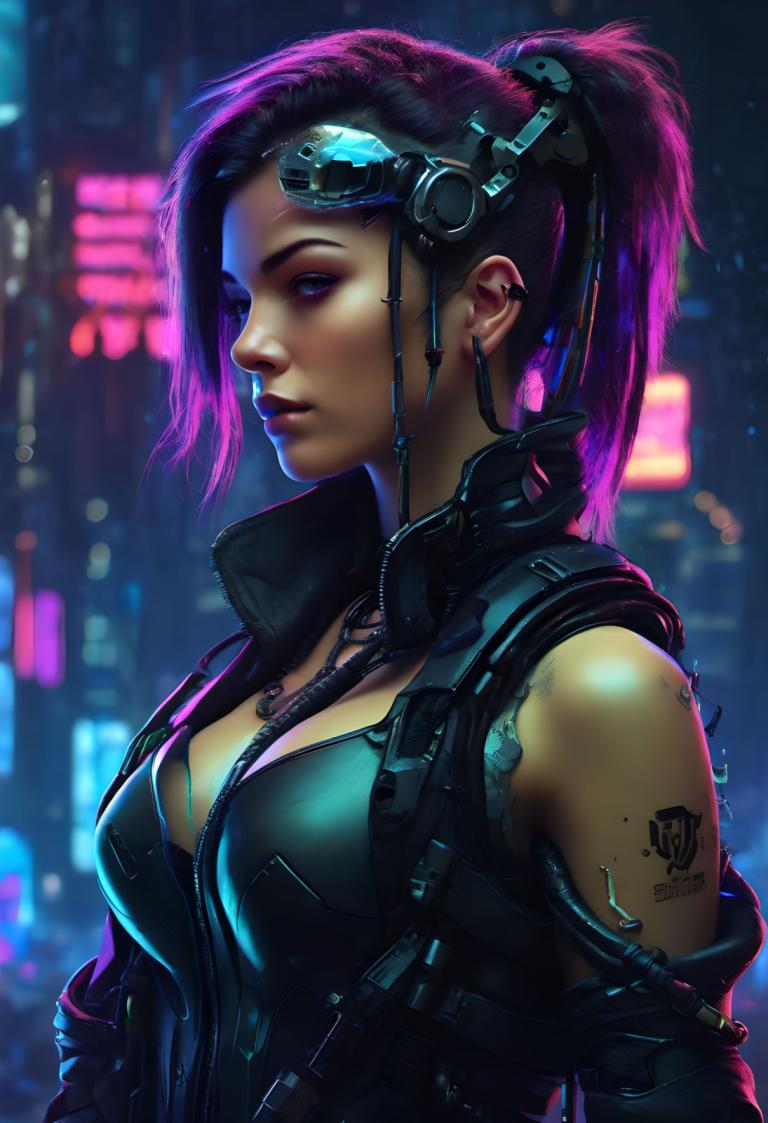 Cyberpunk,Cyberpunk, Menschen, Frau, 1Mädchen, Solo, Brüste, Cyberpunk, Pferdeschwanz, lila Haare