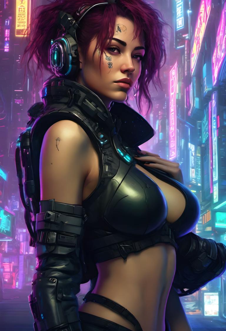 Cyberpunk,Cyberpunk, Mennesker, kvinne, 1 jente, solo, bryster, cyberpunk, hodetelefoner, realistisk