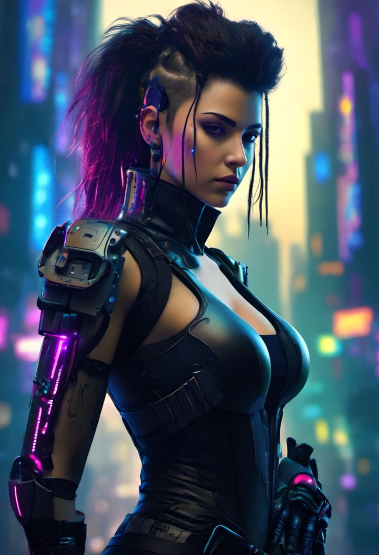 Cyberpunk,Cyberpunk, Personnes, femme, 1fille, cyberpunk, solo, seins, seins moyens, cheveux multicolores