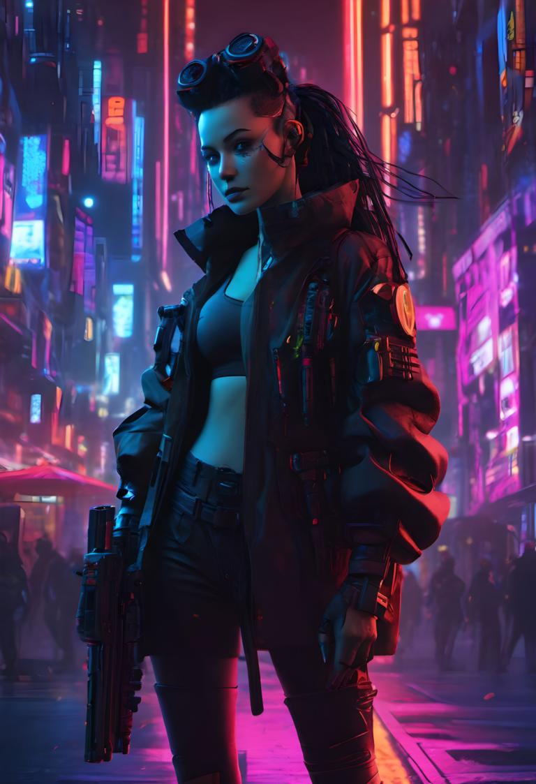 Cyberpunk,Cyberpunk, People, woman, 1girl, weapon, neon lights, gun, pants, cyberpunk, holding, gloves