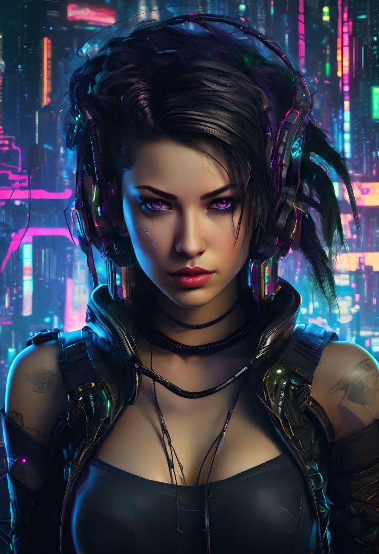 Cyberpunk,Cyberpunk, människor, kvinna, 1 tjej, solo, cyberpunk, bröst, lila ögon, tatuering