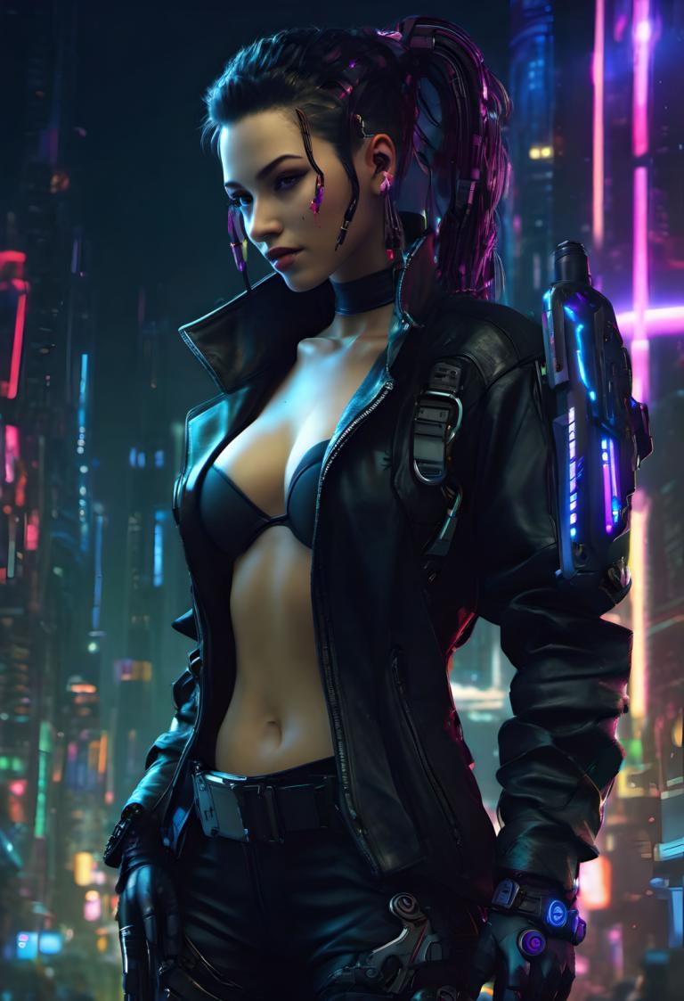 Cyberpunka,Cyberpunka, Ludzie, kobieta, 1 dziewczyna, solo, piersi, broń, pępek, cyberpunk, otwarte ubrania