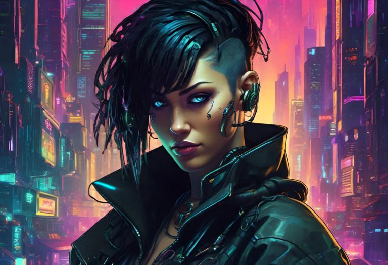 Cyberpunk,Cyberpunk, Ljudje, ženska, cyberpunk, 1 dekle, solo, kiborg, Črni lasje, modre oči, gleda gledalca