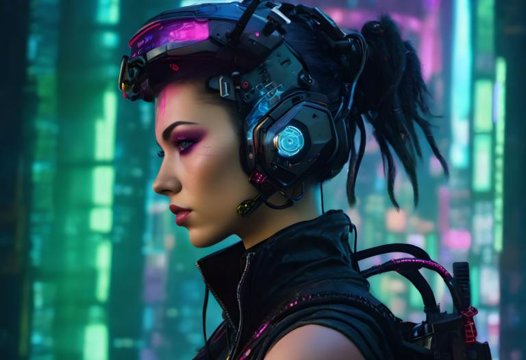 Cyberpunk,Cyberpunk, People, woman, 1girl, solo, cyberpunk, profile, ponytail, realistic, goggles, blurry