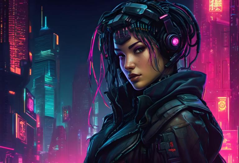 Cyberpunk,Cyberpunk, Ljudje, ženska, 1 dekle, solo, cyberpunk, neonske luči, jakna, realističen