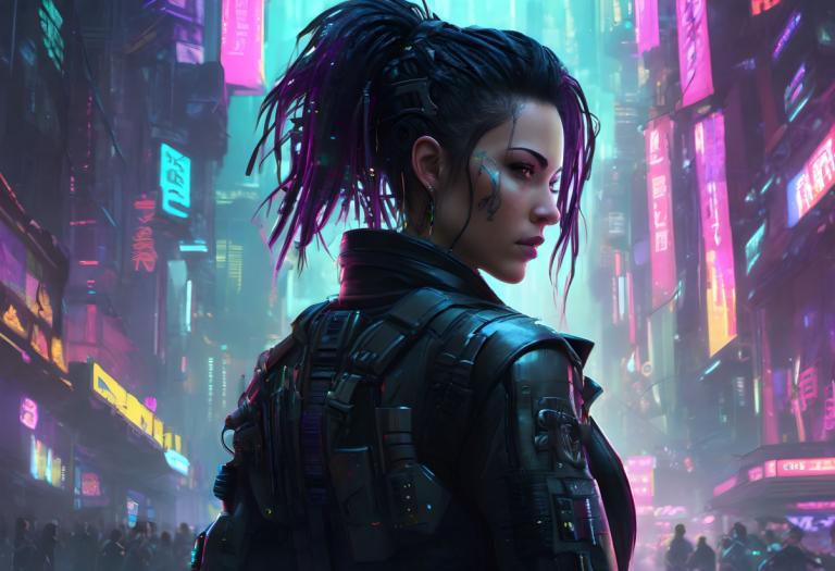 Cyberpunk,Cyberpunk, Oameni, femeie, cyberpunk, lumini de neon, 1 fata, focalizare solo