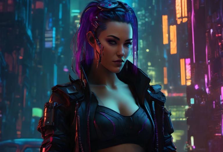 Cyberpunk,Cyberpunk, People, woman, 1girl, cyberpunk, solo, breasts, jacket, neon lights, cleavage