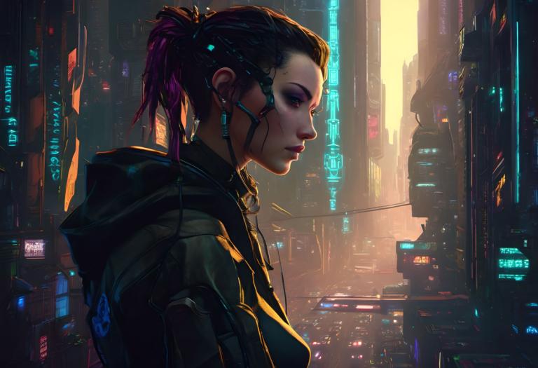 Cyberpunk,Cyberpunk, People, woman, 1girl, cyberpunk, neon lights, solo, hood, hood down, science fiction