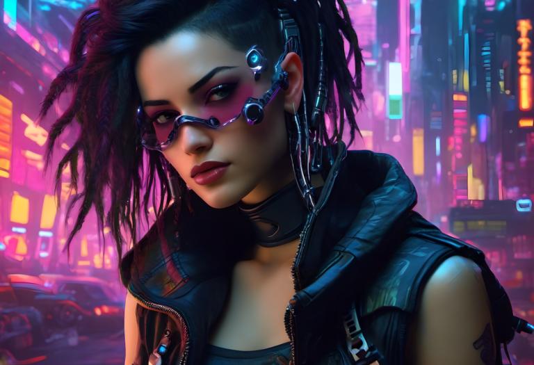 Cyberpunk,Cyberpunk, Lidé, žena, 1 dívka, kyberpunk, sólo, tlumič, černé vlasy, realistický, tetování