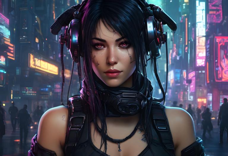 Cyberpunk,Cyberpunk, Menschen, Frau, Cyberpunk, Solo-Fokus, 1Mädchen, schwarzes Haar, Neonlichter, Lippen