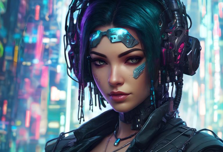 Cyberpunk,Cyberpunk, Rakyat, wanita, 1 gadis, solo, cyberpunk, perhiasan, realistis, kalung, mata hijau