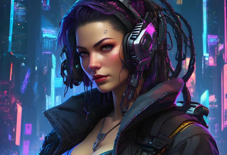 Cyberpunk,Cyberpunk, Rakyat, wanita, 1 gadis, cyberpunk, solo, perhiasan, kalung, jaket, rambut ungu