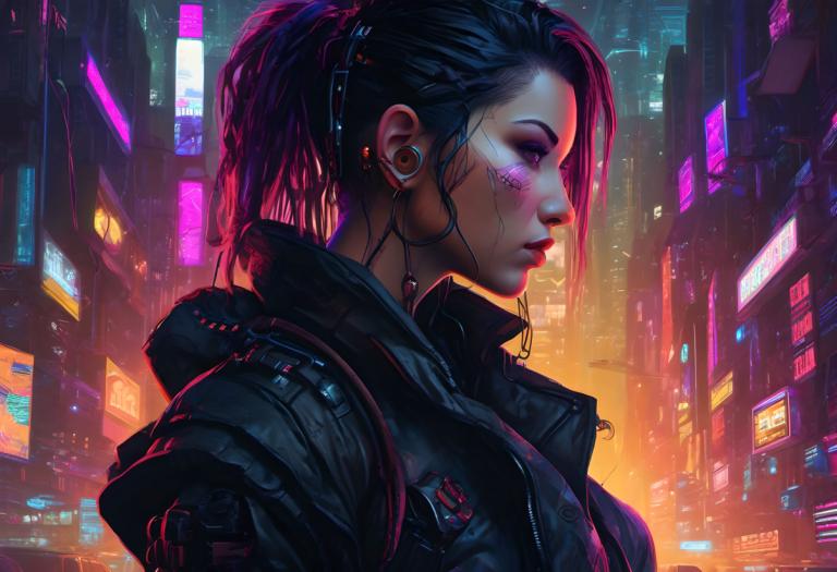 Cyberpunka,Cyberpunka, Ludzie, kobieta, 1 dziewczyna, cyberpunk, solo, światła neonowe, kurtka, koński ogon