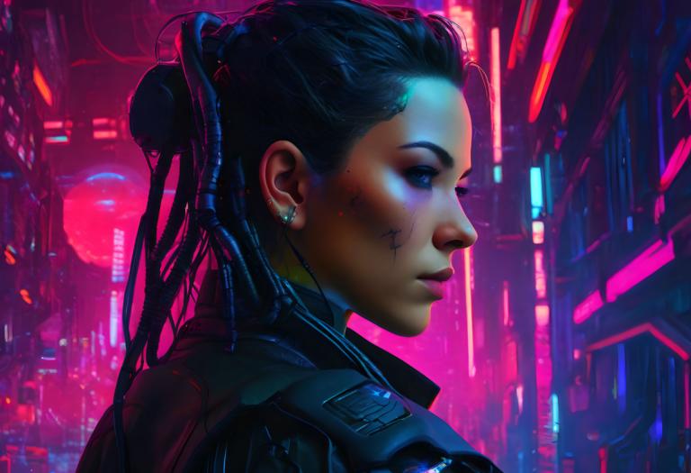 Cyberpunk,Cyberpunk, Ljudje, ženska, 1 dekle, cyberpunk, solo, neonske luči, uhani, znanstvena fantastika