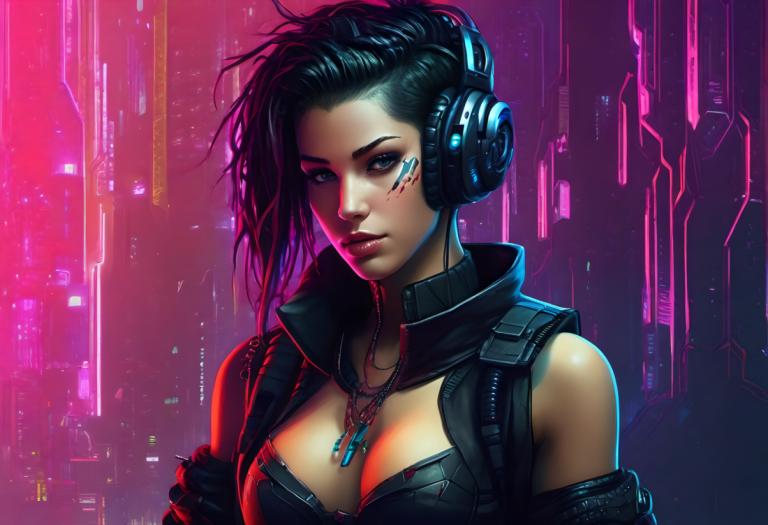 Cyberpunk,Cyberpunk, People, woman, 1girl, solo, breasts, cyberpunk, cleavage, jewelry, black hair, necklace