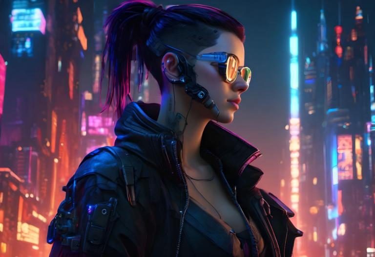 Cyberpunk,Cyberpunk, People, woman, 1girl, solo, ponytail, jacket, jewelry, cyberpunk, breasts, necklace