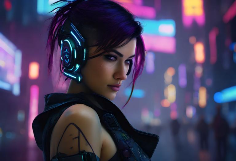 Cyberpunk,Cyberpunk, Mensen, vrouw, 1meisje, cyberpunk, solo, wazig, kap, onscherpe achtergrond, kort haar